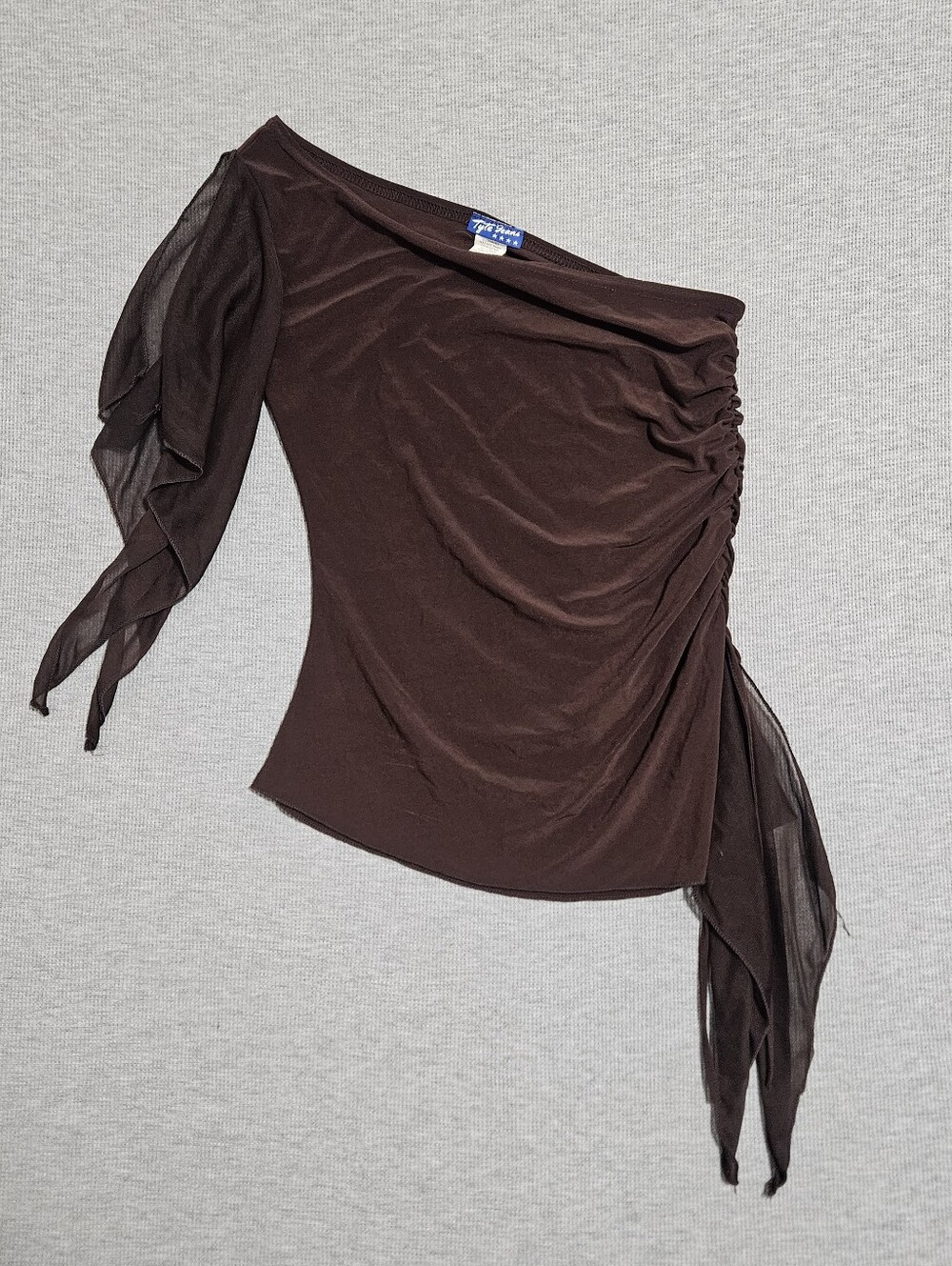 VGT TYTE JEANS Brown off the shoulder asymmetrical top sheer sleeves M Fairycore